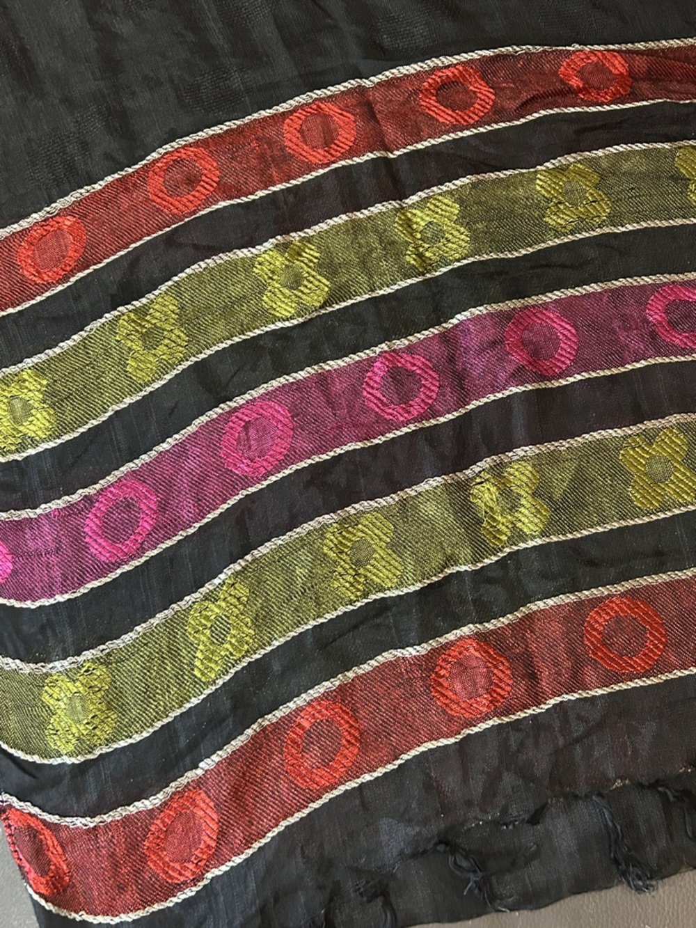 Black Scarf with Multicolor Embroidered Stripes 62”x24” - Picture 2 of 3